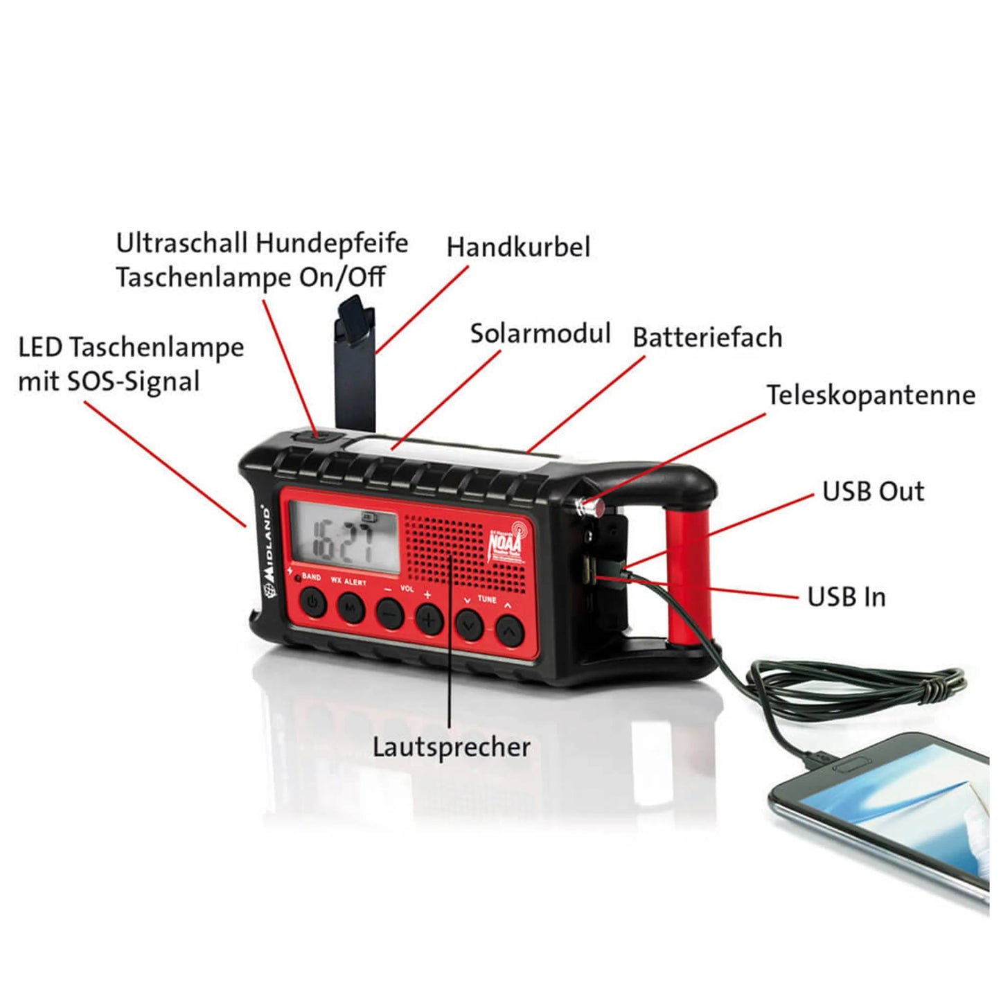 Midland Midland Outdoor Kurbel-Radio ER 300 rot - ASMC